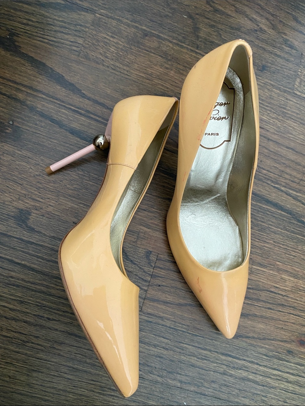 Roger Vivier Patent Pointed-Toe Pumps in Peach Nude with Accent Heel